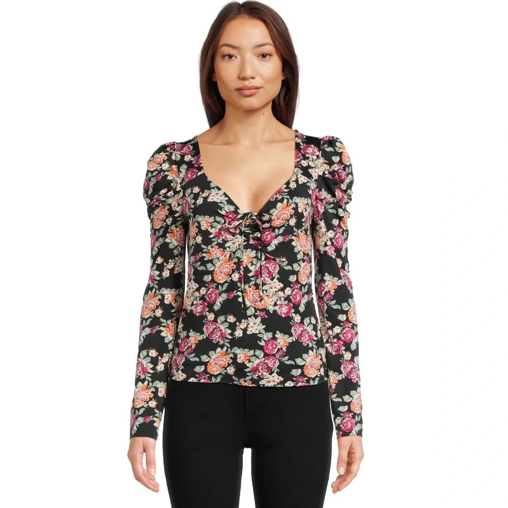 🌴Women’s Self Esteem V Neck Cinch Front Puffed Shoulder Long Sleeve Shirt - Picture 1 of 11
